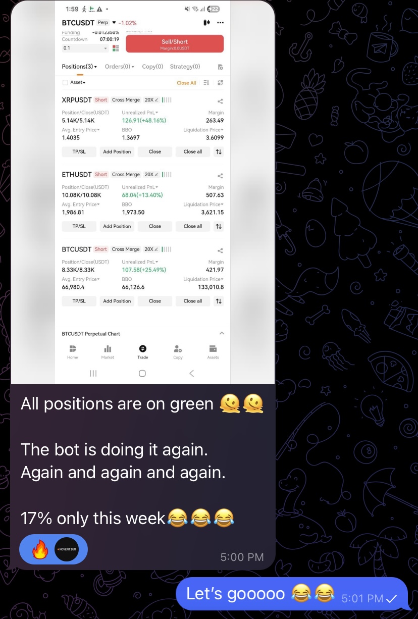Telegram screenshot showing all positions green: XRP +48.16%, ETH +13.40%, BTC +25.49% — user says '17% only this week'