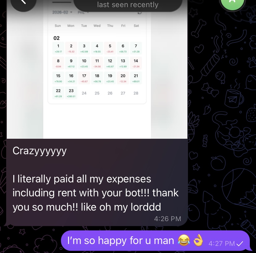 Telegram screenshot: Aurum user shares February 2026 profit calendar and says 'I literally paid all my expenses including rent with your bot'