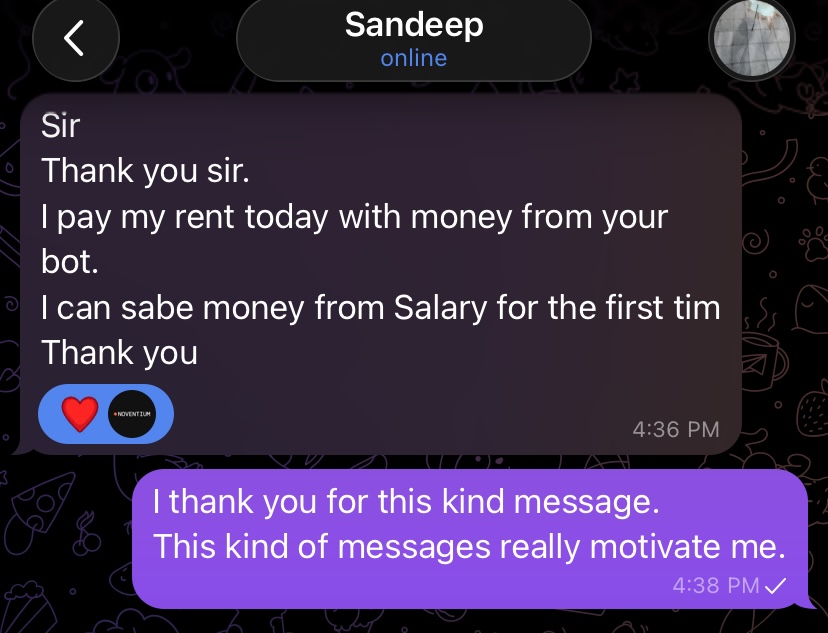 Telegram screenshot: Sandeep says 'I pay my rent today with money from your bot. I can save money from Salary for the first time'