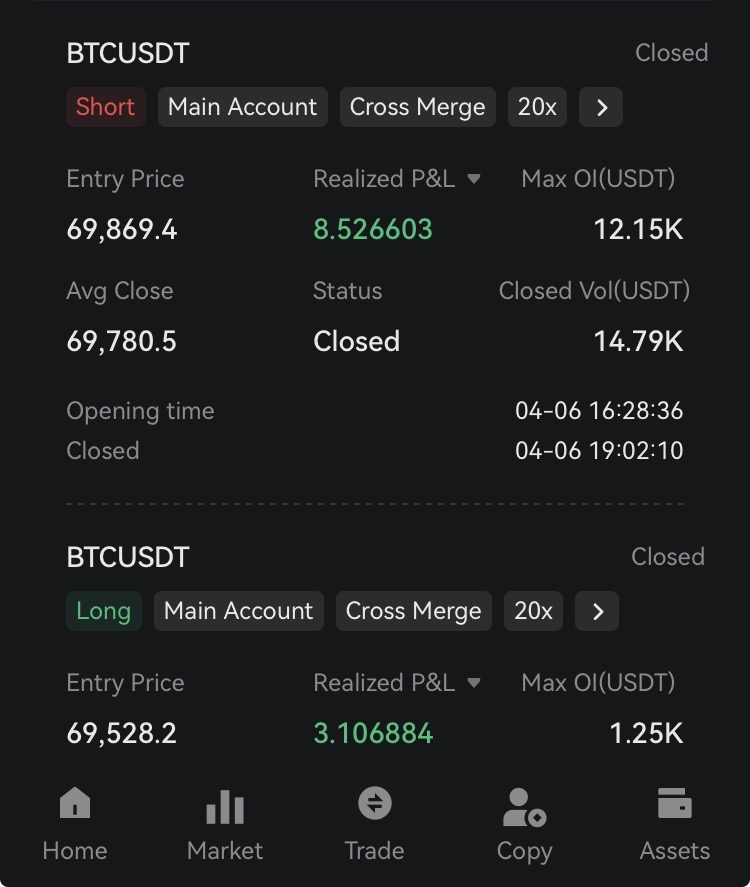 Aurum open trading positions showing BTCUSDT short +$8.53 realized PNL and BTCUSDT long +$3.11 realized PNL on Deepcoin