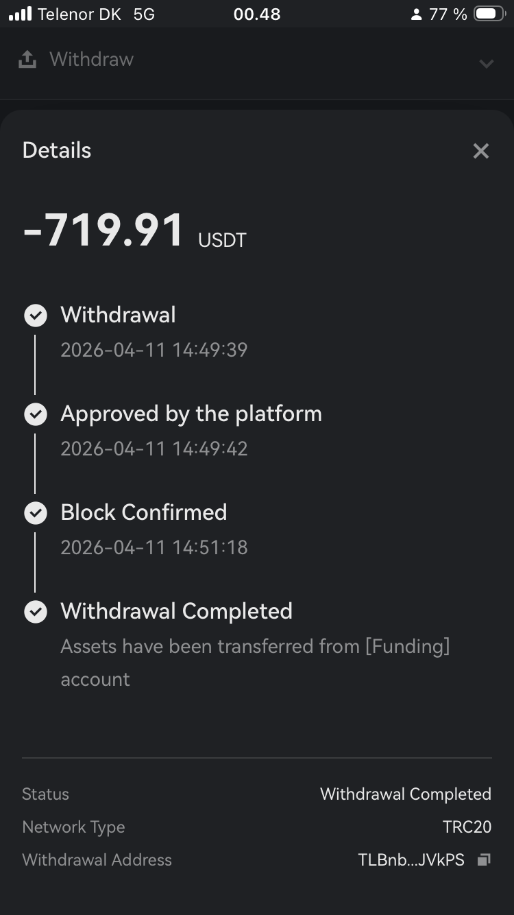 Aurum withdrawal confirmation showing 719.91 USDT successfully withdrawn from Deepcoin on 11 April 2026